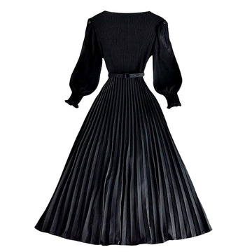 Pierre Solid Pleated Long Dress - Black